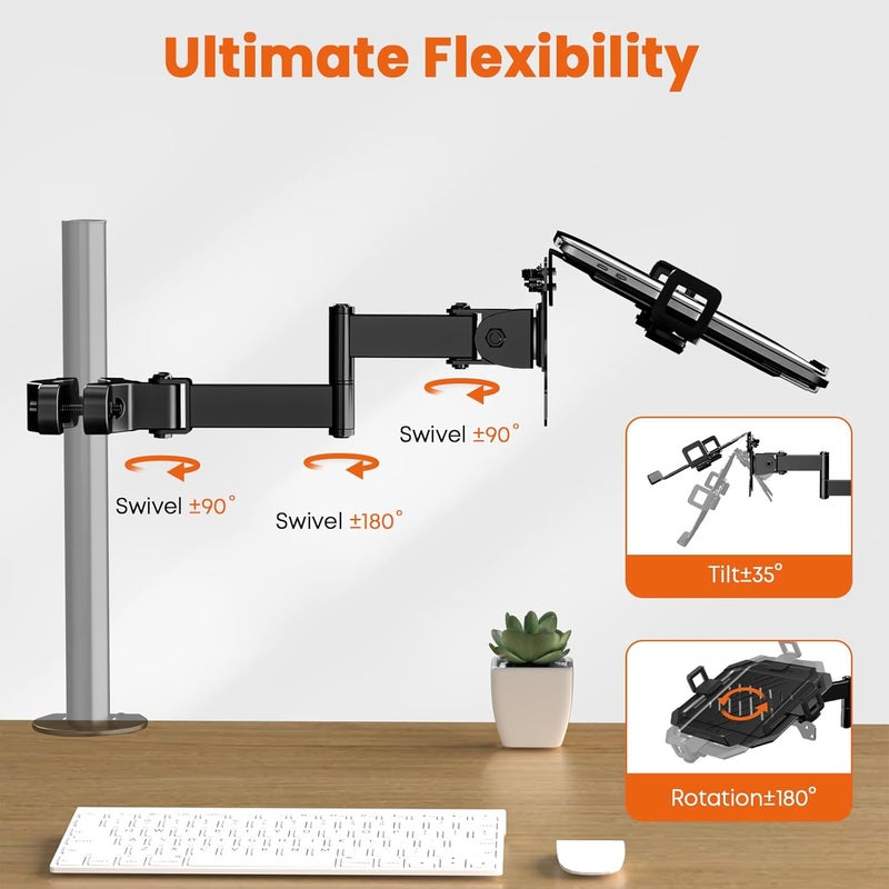 PUTORSEN Laptop Pole Mount Tray – Universal Full Motion Arm Holder with Removable 75mm & 100mm VESA Plate, Fits 12–18 Inch, Black - Image 3